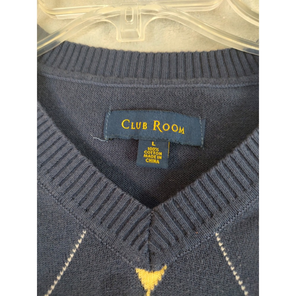 Club Room Mens Argyle Sweater Vest‎ Navy Blue Yellow Cotton V-Neck Large - Picture 3 of 7